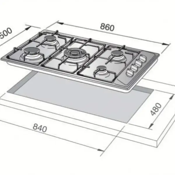 كتشن لاين سطح غاز بلت ان 5 شعلات 90 سم إيطالي من الستانلس ستيل فضي J5020